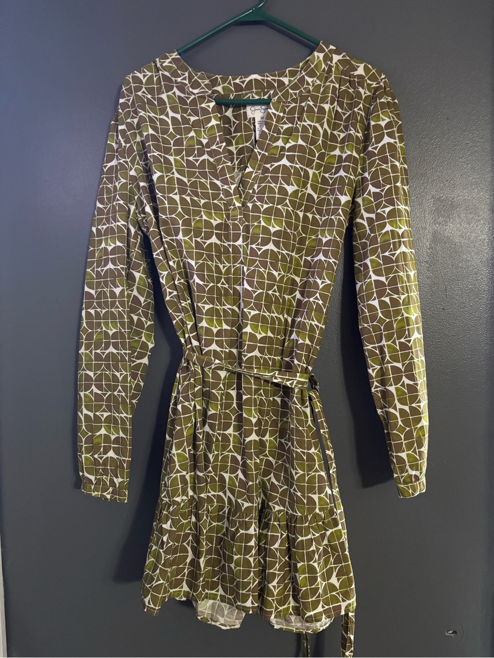 Jessica Simpson Olive Green Geometric Long-Sleeve Tie Waist Dress